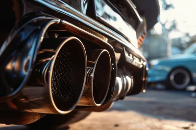 Close Up Of Dual Chrome Car Exhaust Pipes
