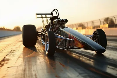 Top Fuel Dragster Staged On Drag Strip At Sunset