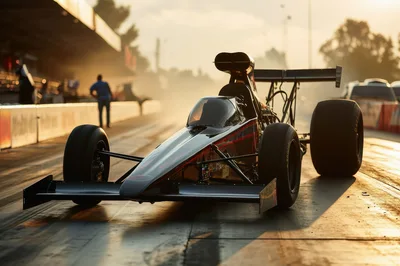 Top Fuel Dragster Staged on Drag Strip at Sunset