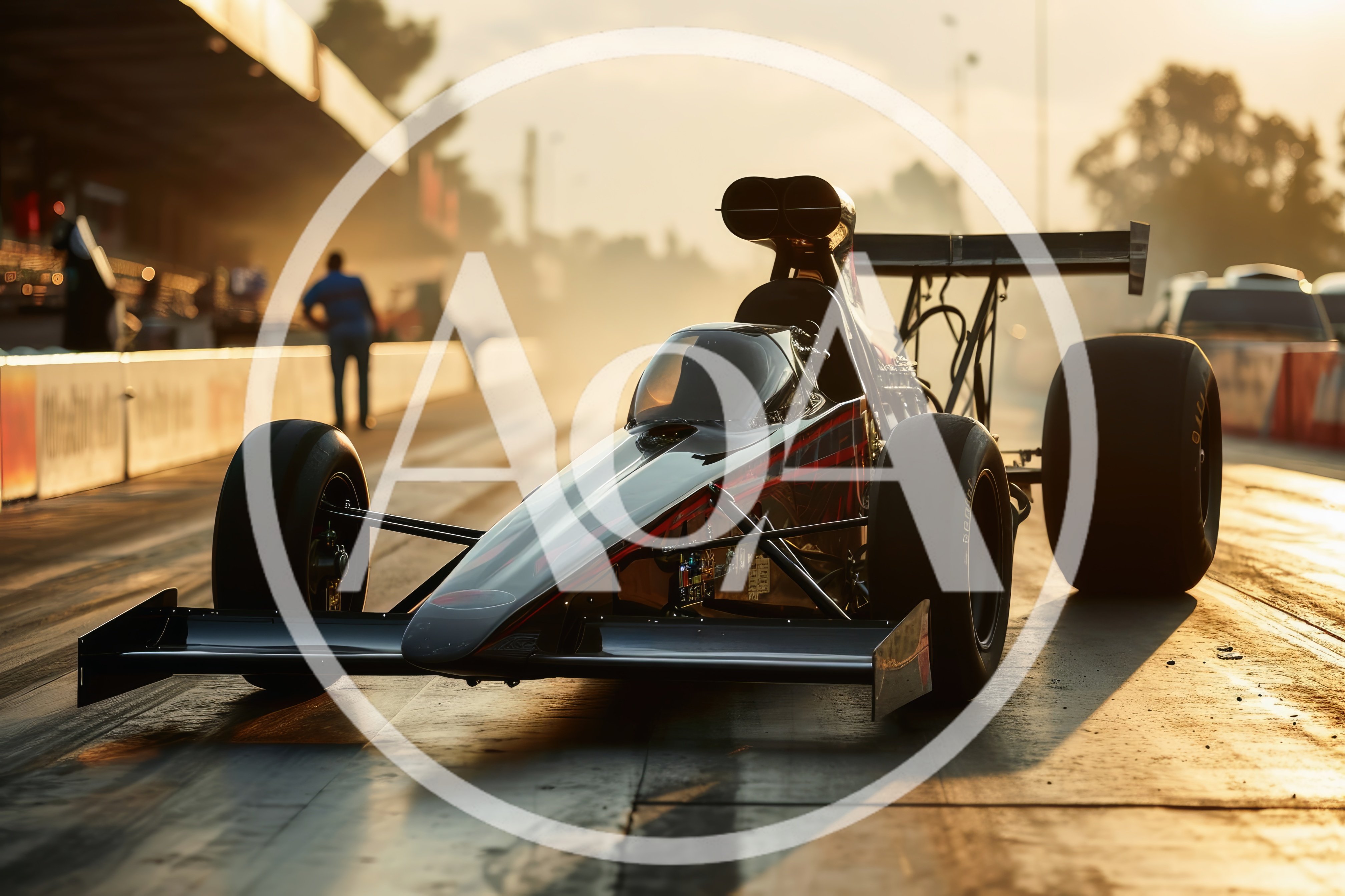 Top Fuel Dragster Staged on Drag Strip at Sunset