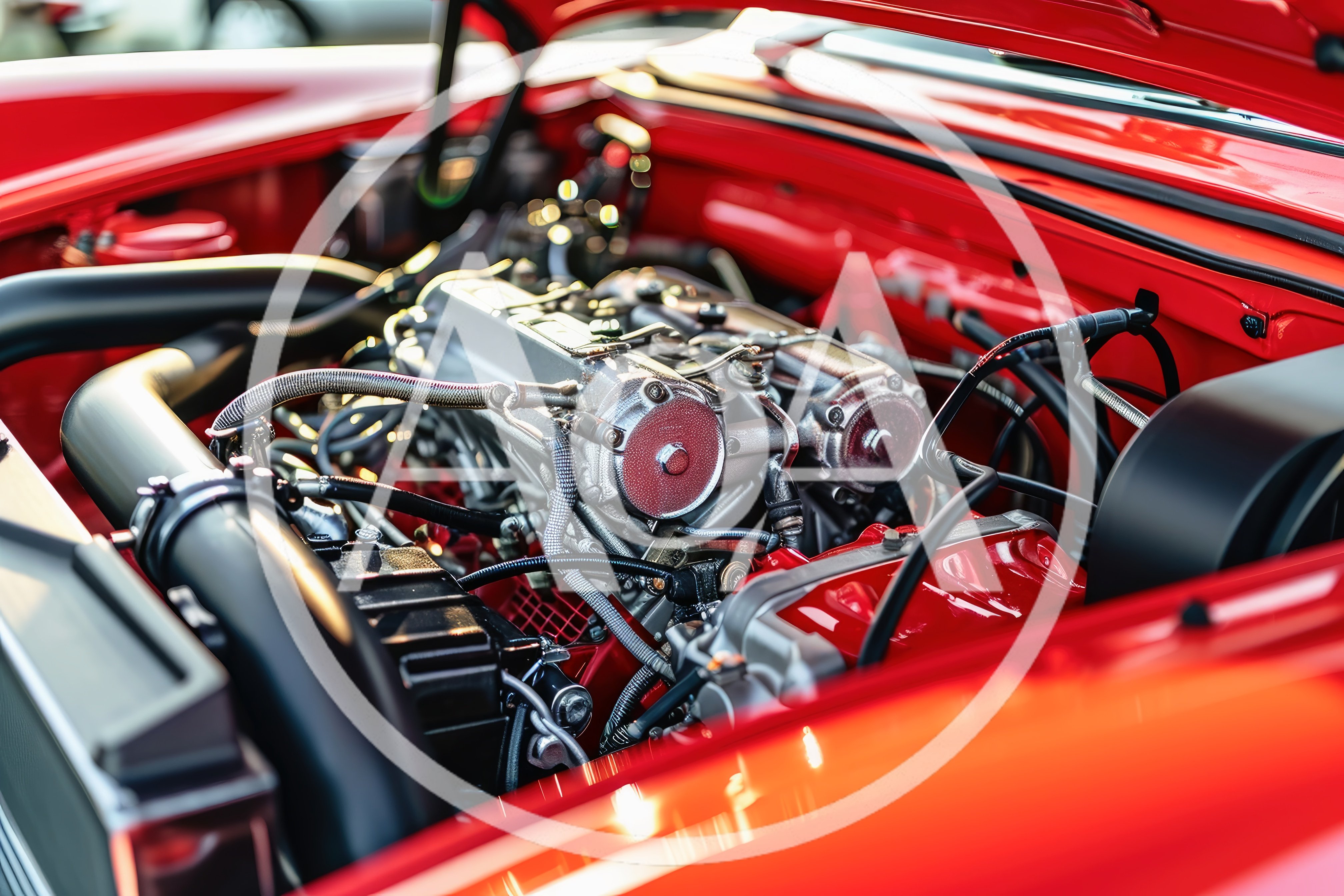 Detailed View Of A Classic Red Car Engine