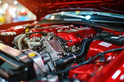 Close Up Of A High Performance Red Car Engine