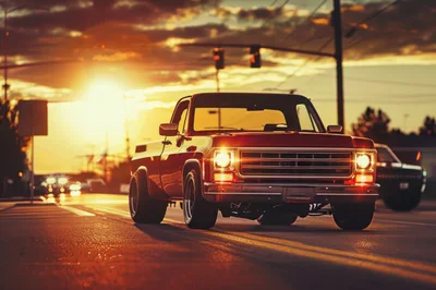 Classic Red Pickup Truck Driving At Sunset