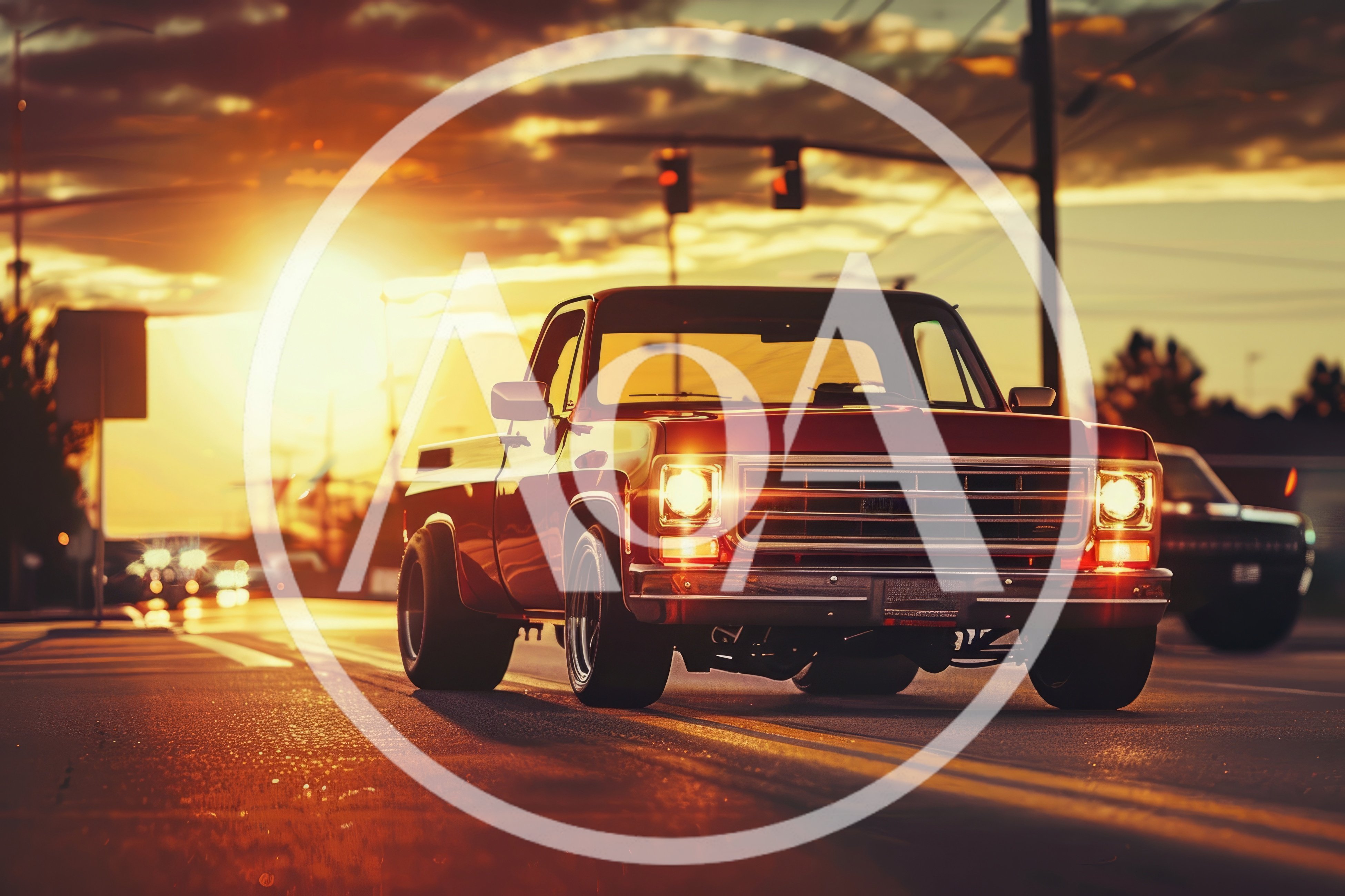 Classic Red Pickup Truck Driving At Sunset