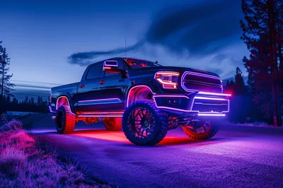 Custom Lifted Pickup Truck With Neon Lighting