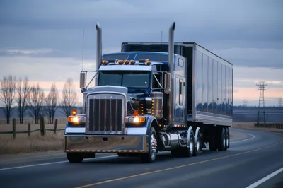 Blue Semi Truck Driving On Rural Highway At Dusk