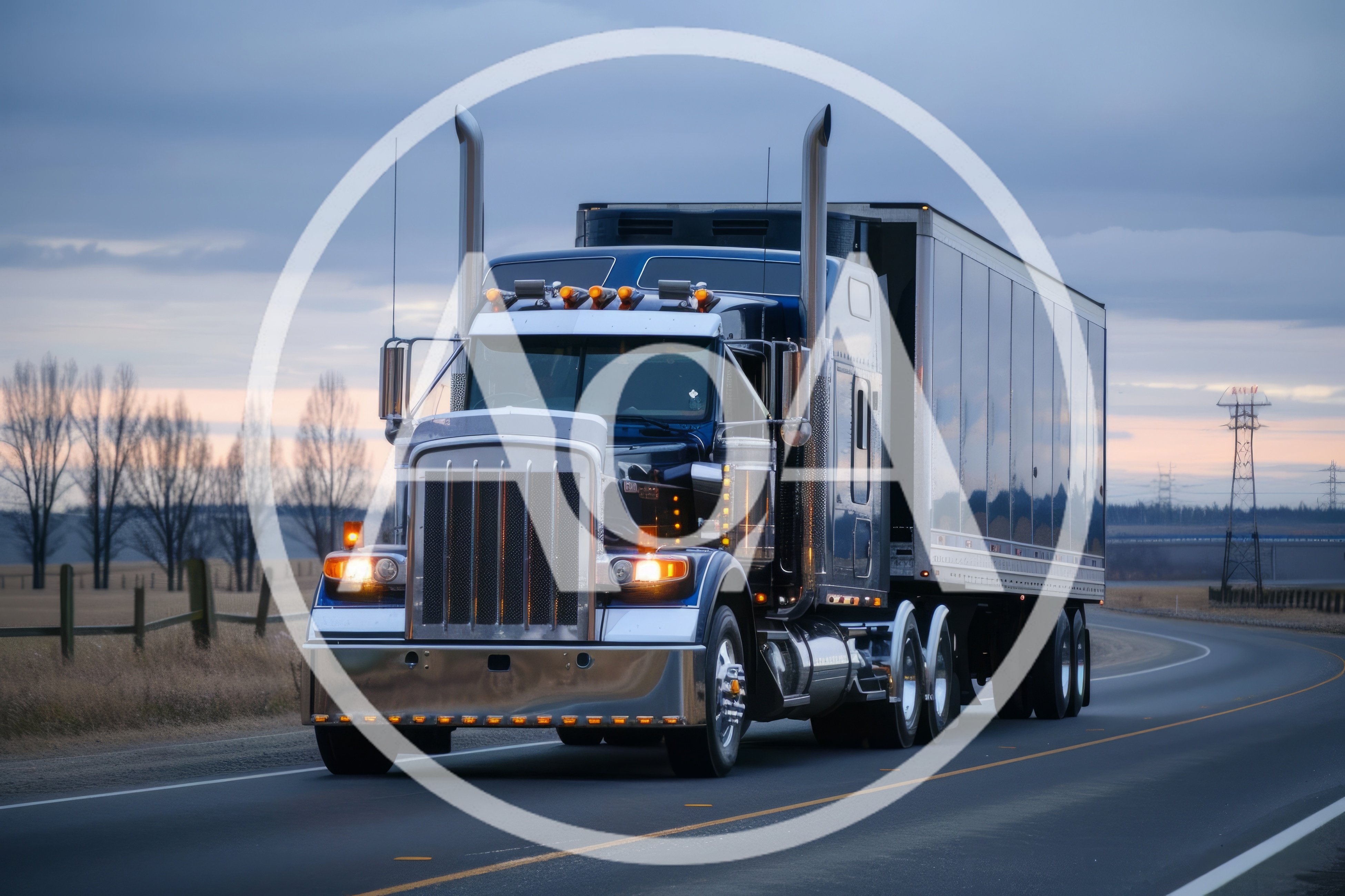 Blue Semi Truck Driving On Rural Highway At Dusk