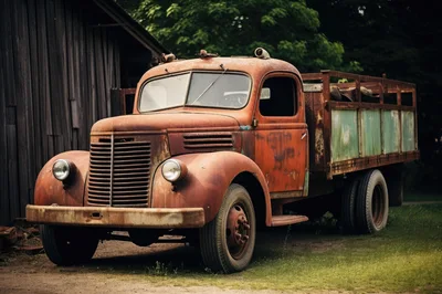 Vintage Rusty Farm Truck Parked Beside Wooden Barn