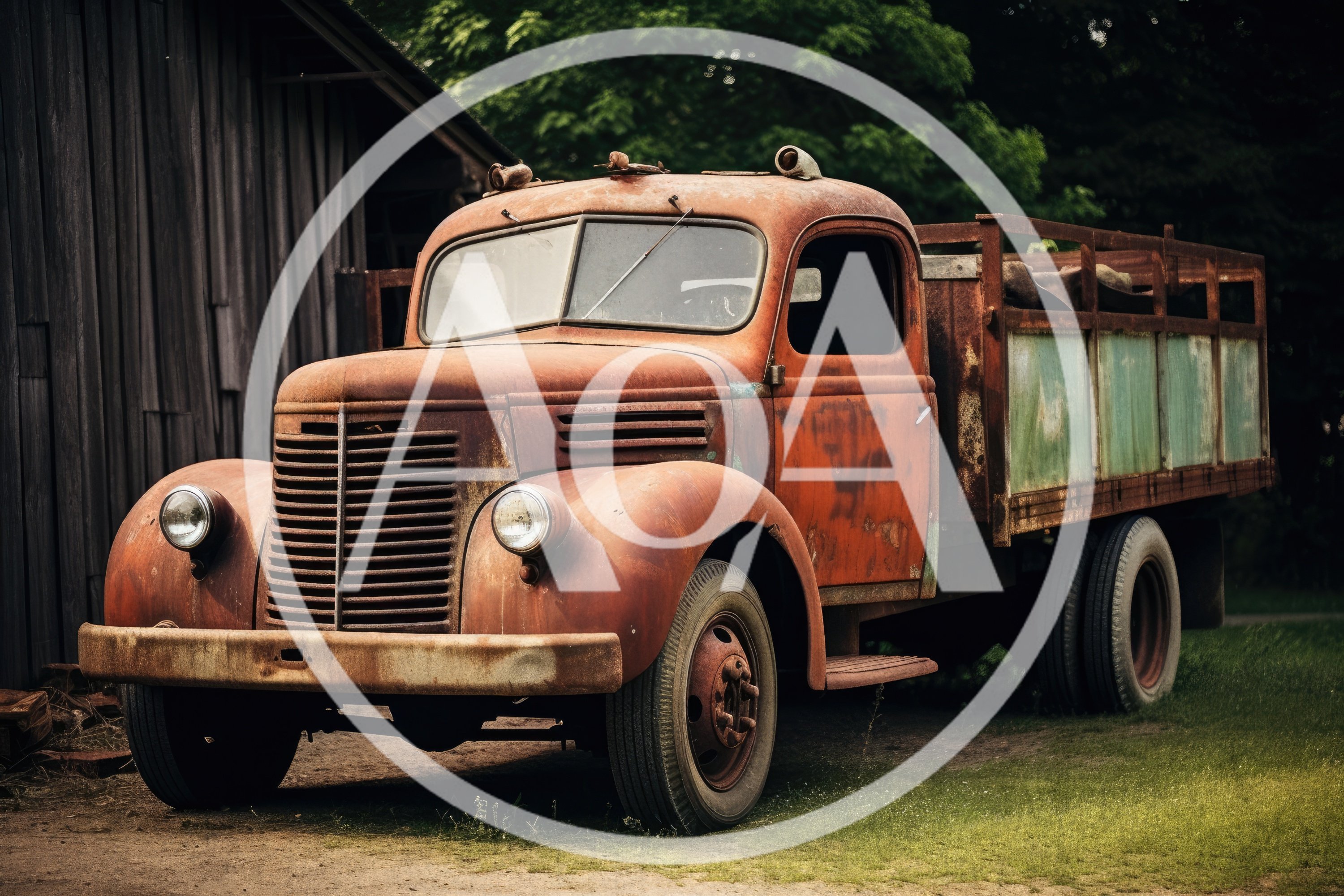 Vintage Rusty Farm Truck Parked Beside Wooden Barn