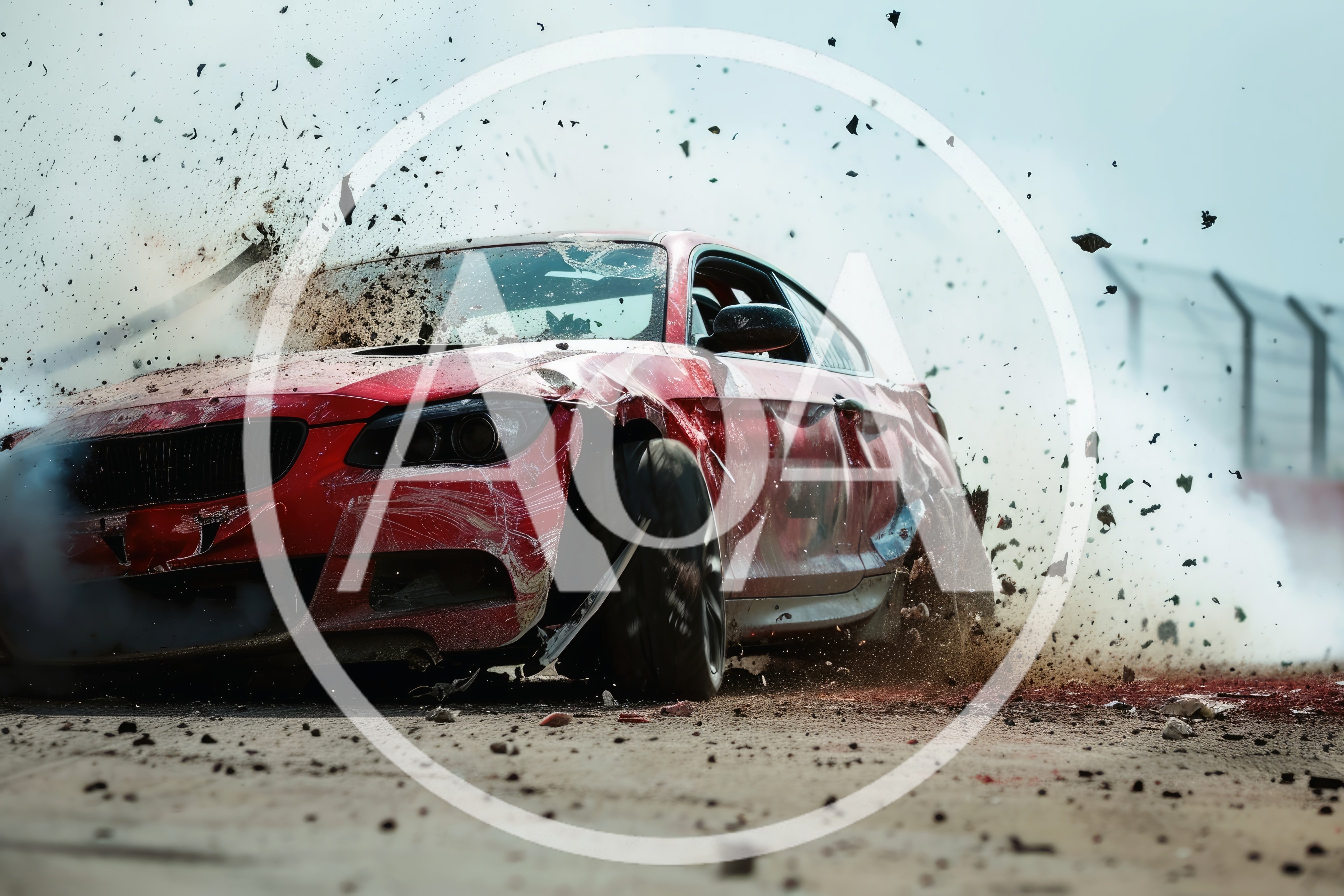 Damaged Red Sports Car Crashing On Racetrack