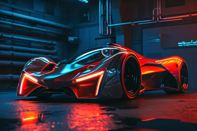 Futuristic Concept Supercar in Industrial Neon Garage