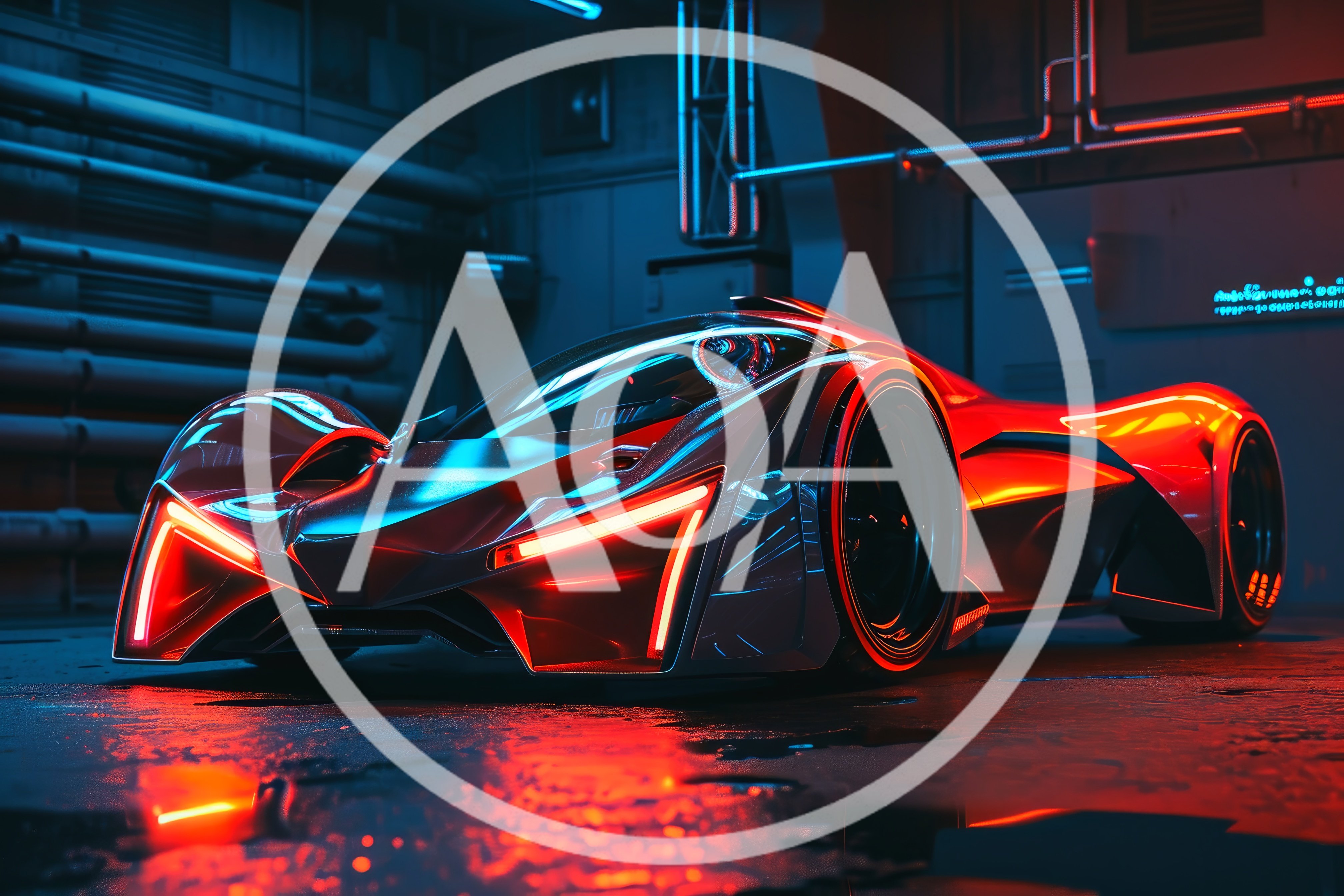 Futuristic Concept Supercar in Industrial Neon Garage