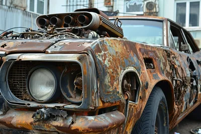 Rusty Abandoned Muscle Car With Exposed Engine