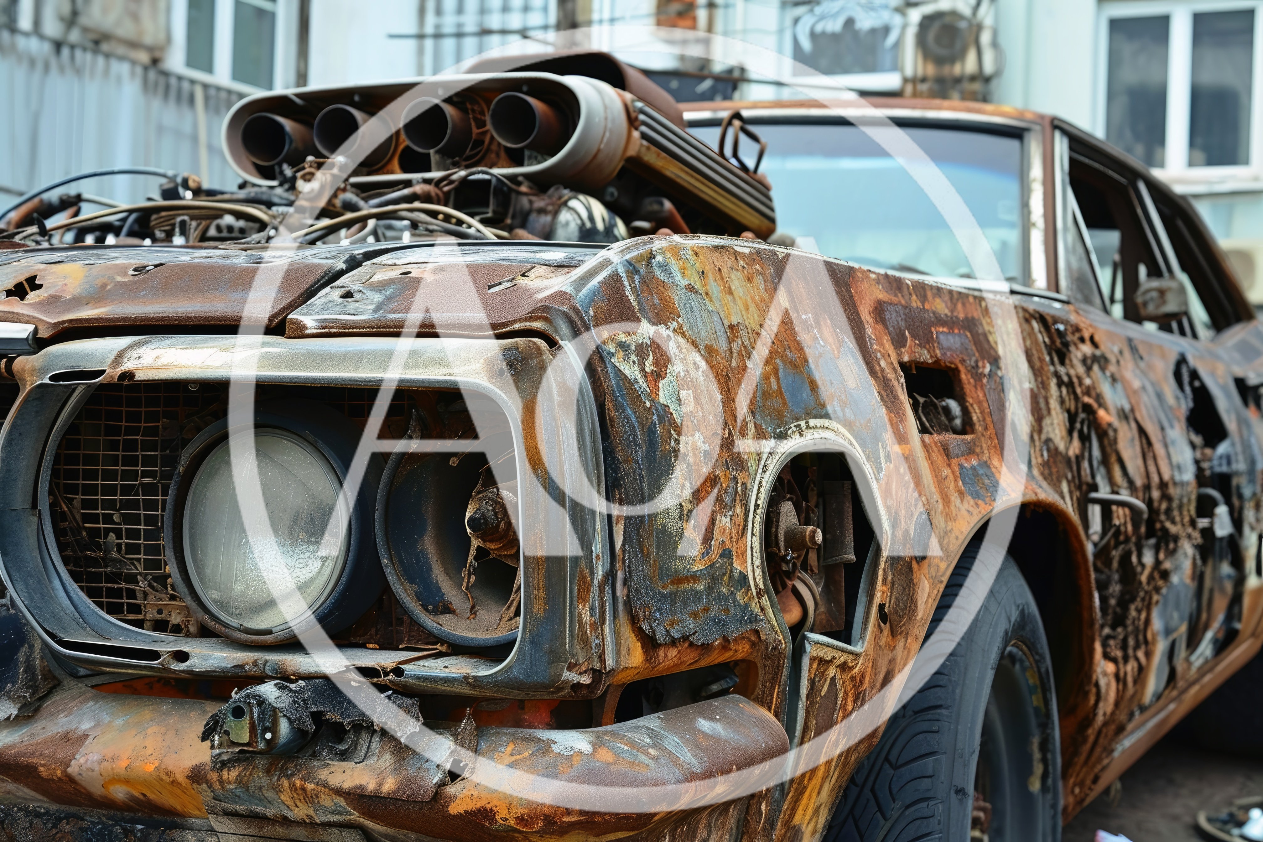Rusty Abandoned Muscle Car With Exposed Engine