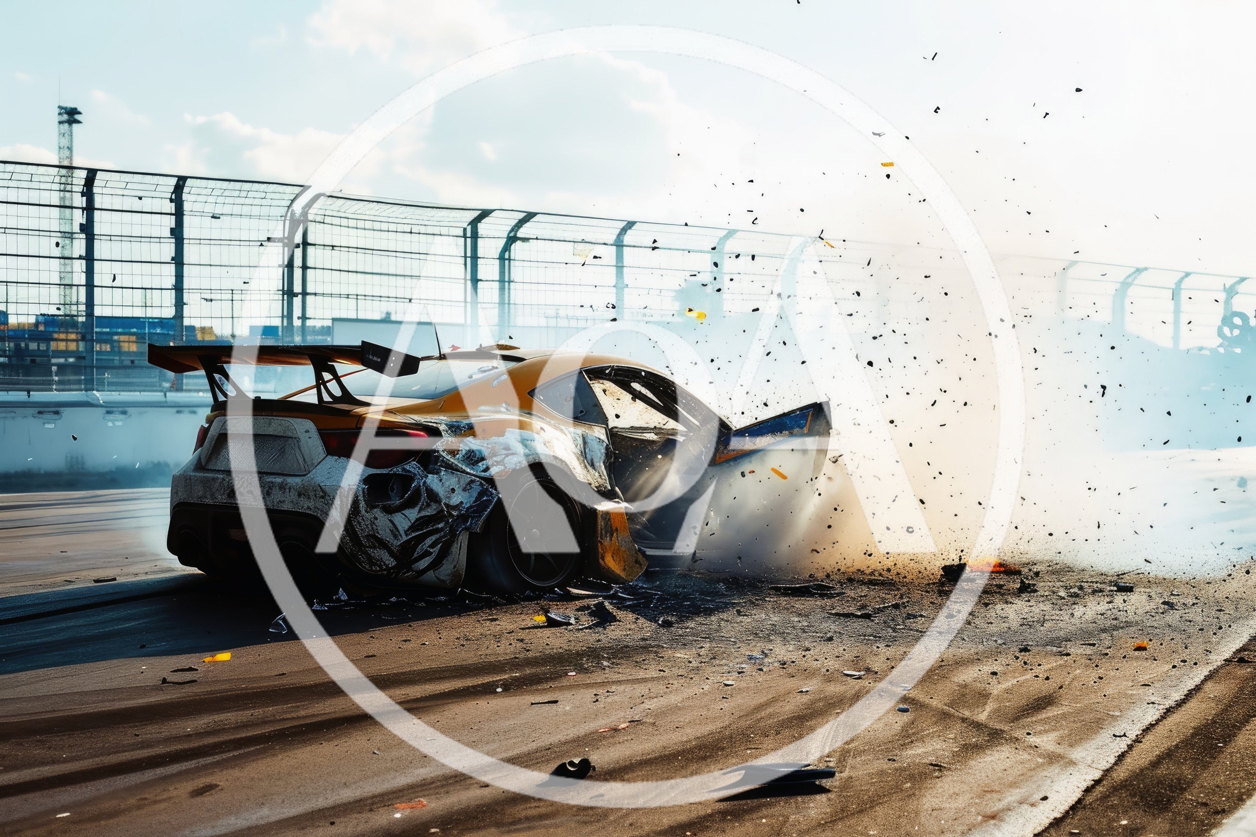 Damaged Yellow Sports Car Crashing On Racetrack