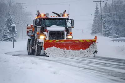 Snow Plow Truck Clearing Road During Winter Storm