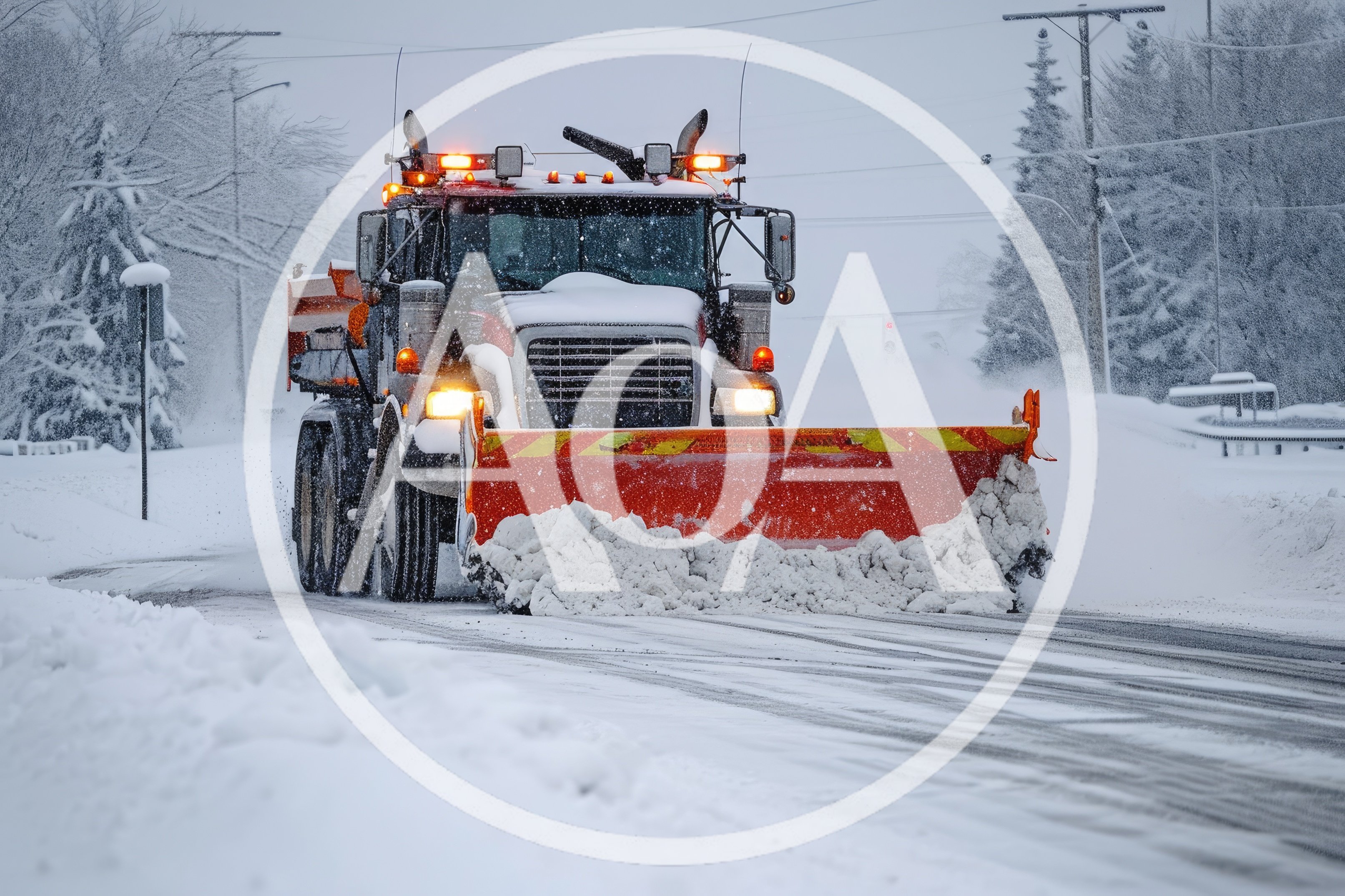 Snow Plow Truck Clearing Road During Winter Storm