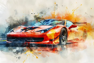 Dynamic Watercolor Illustration Of A Red Ferrari Supercar