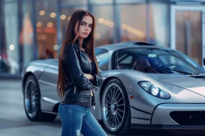 Young Woman Posing With A Silver Supercar