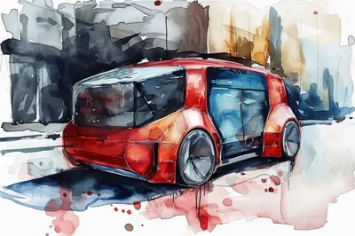 Watercolor Illustration Of A Futuristic Red Concept Car