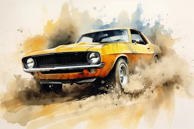 Yellow Classic Muscle Car Driving Through Dust