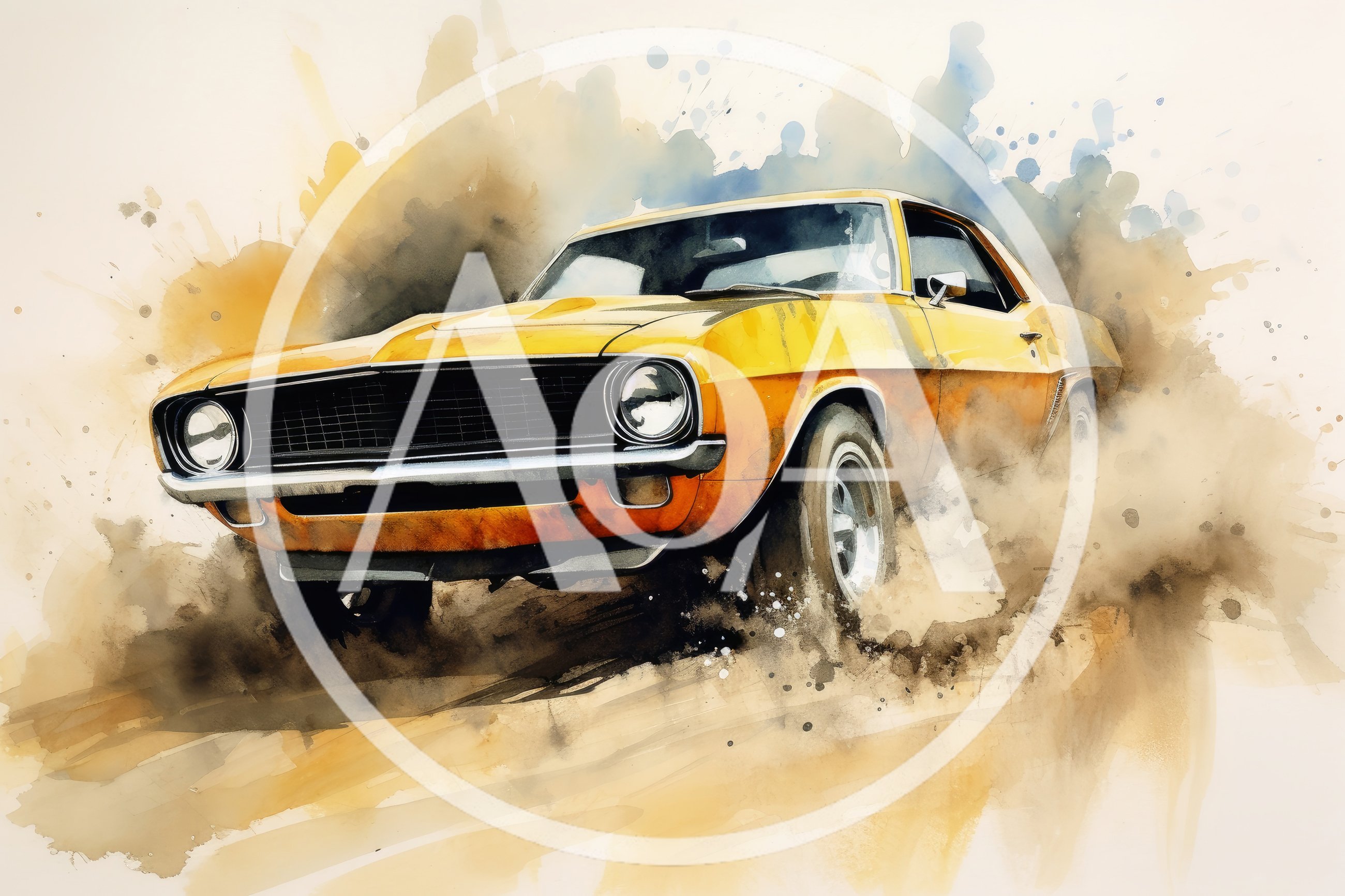 Yellow Classic Muscle Car Driving Through Dust