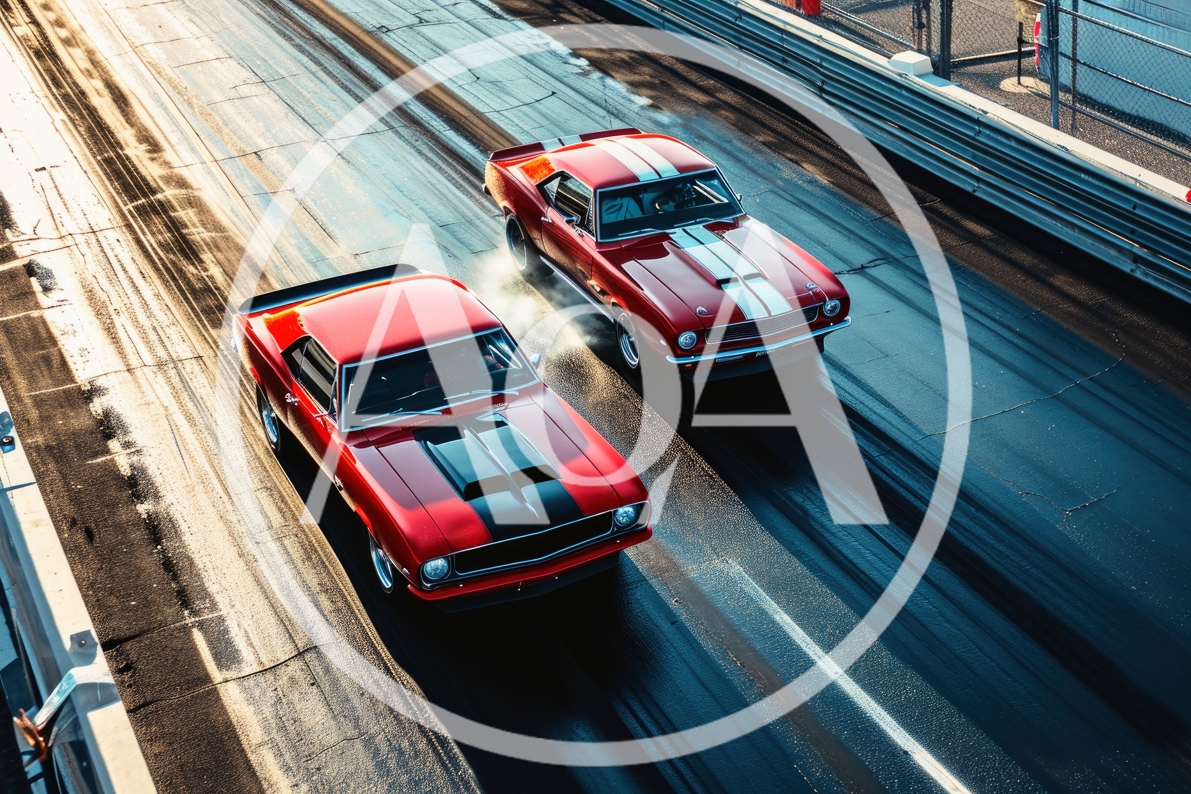 Two Classic Muscle Cars Racing on Drag Strip