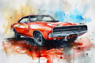 Watercolor Painting Of A Classic Red Muscle Car