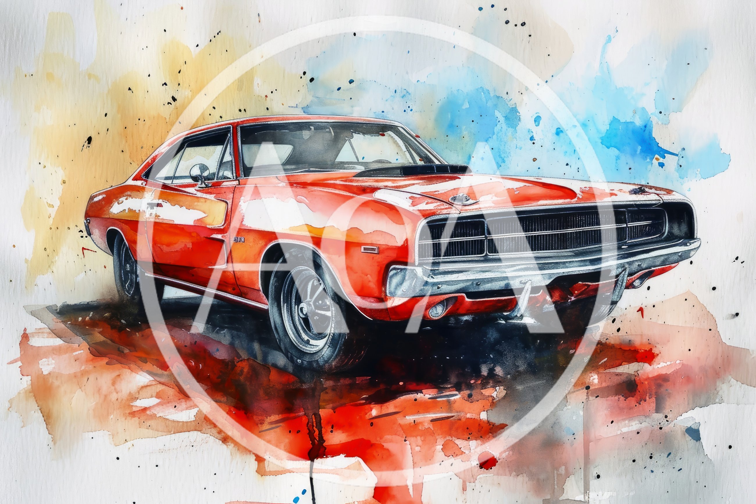 Watercolor Painting Of A Classic Red Muscle Car