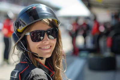 Female Race Crew Member Wearing Helmet And Sunglasses