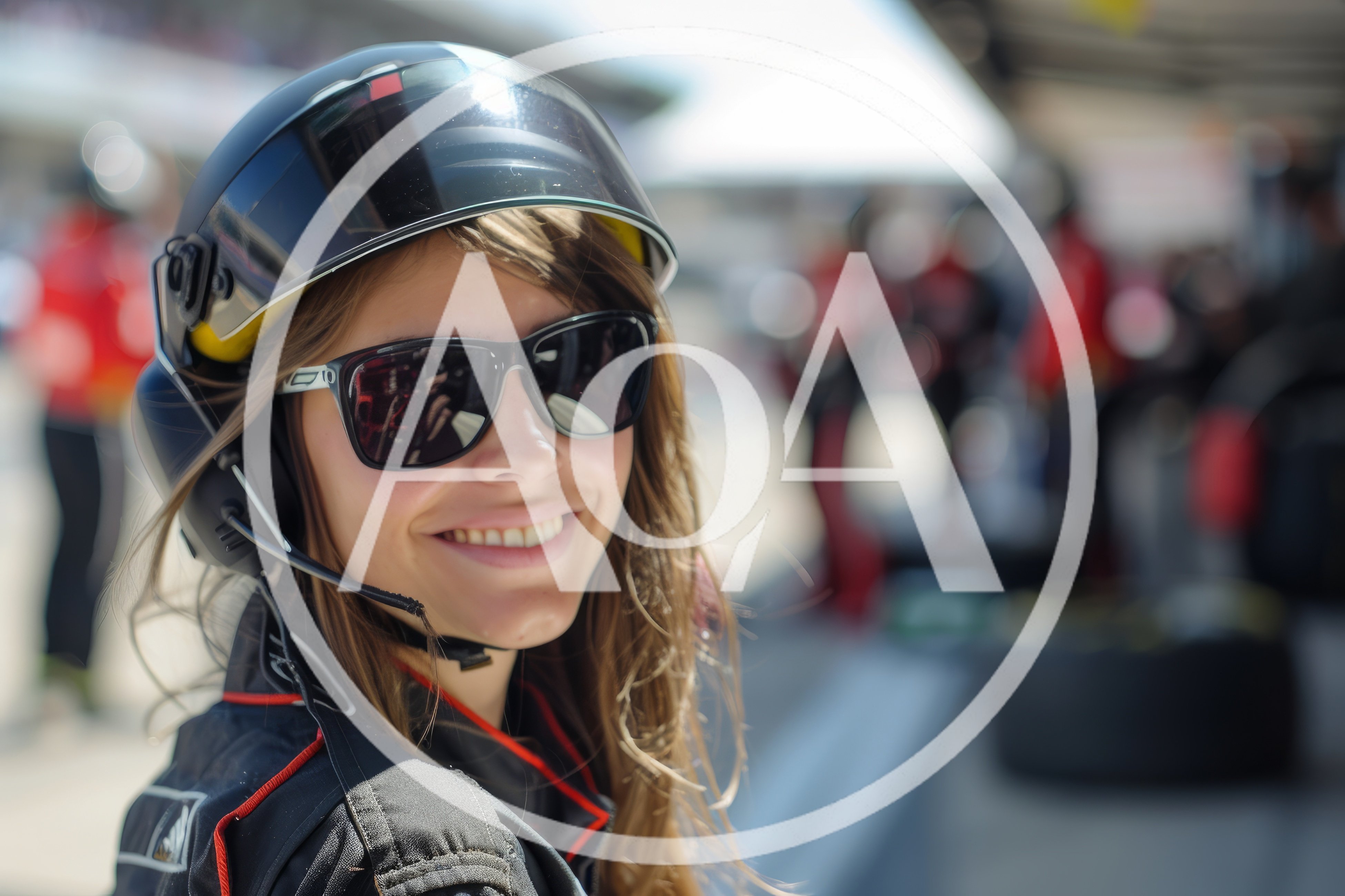 Female Race Crew Member Wearing Helmet And Sunglasses