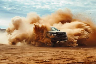 Black Pickup Truck Drifting Through Desert Sand