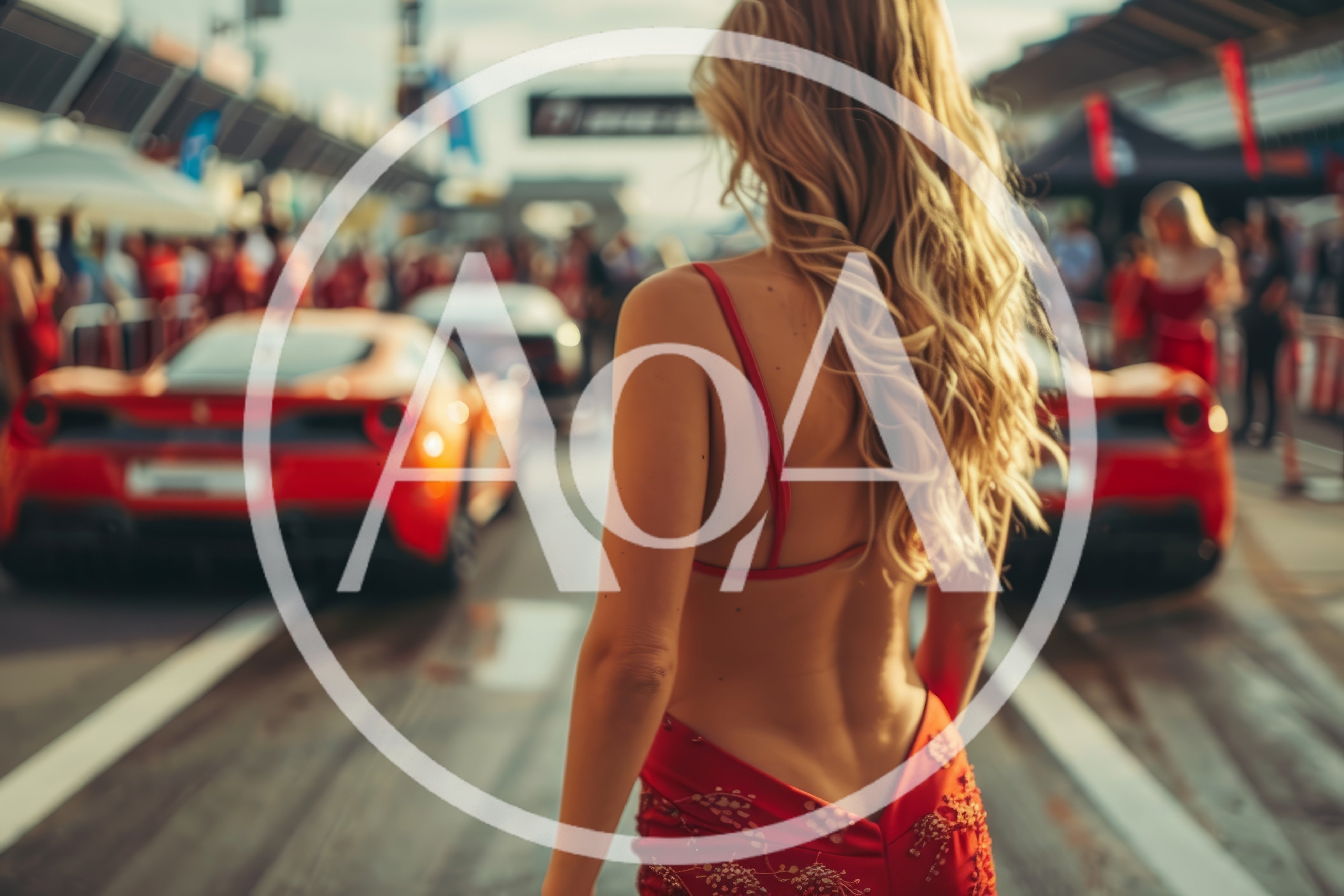 Blonde Woman In Red Dress At Racetrack