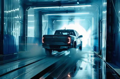 Pickup Truck Moving Through Automated Car Wash Tunnel