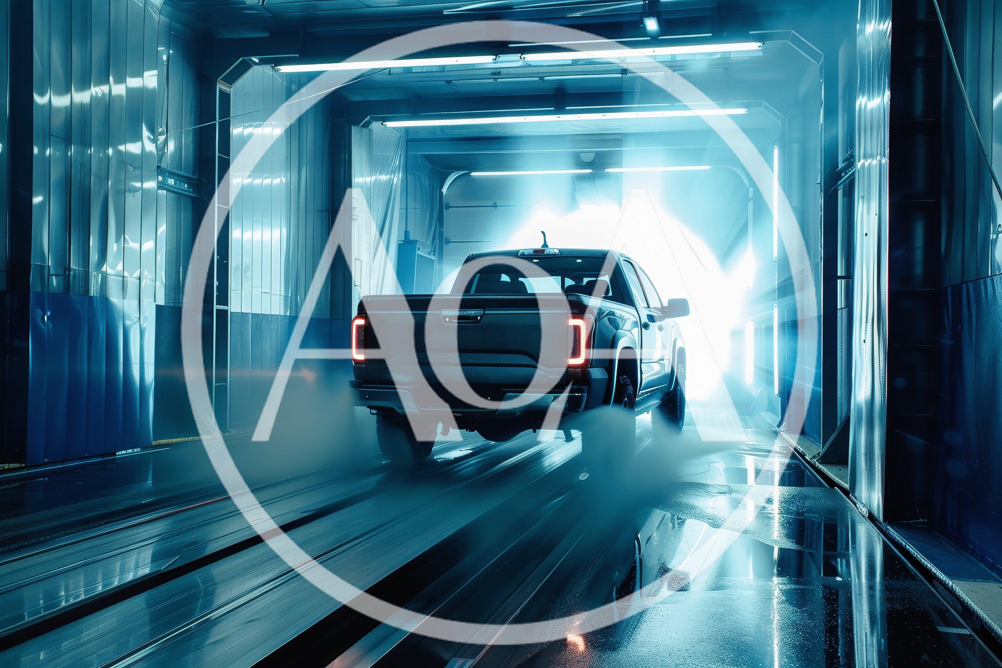 Pickup Truck Moving Through Automated Car Wash Tunnel
