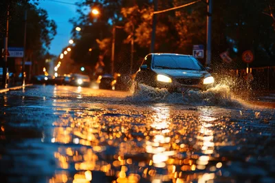 Car Driving Through Deep Puddle At Night