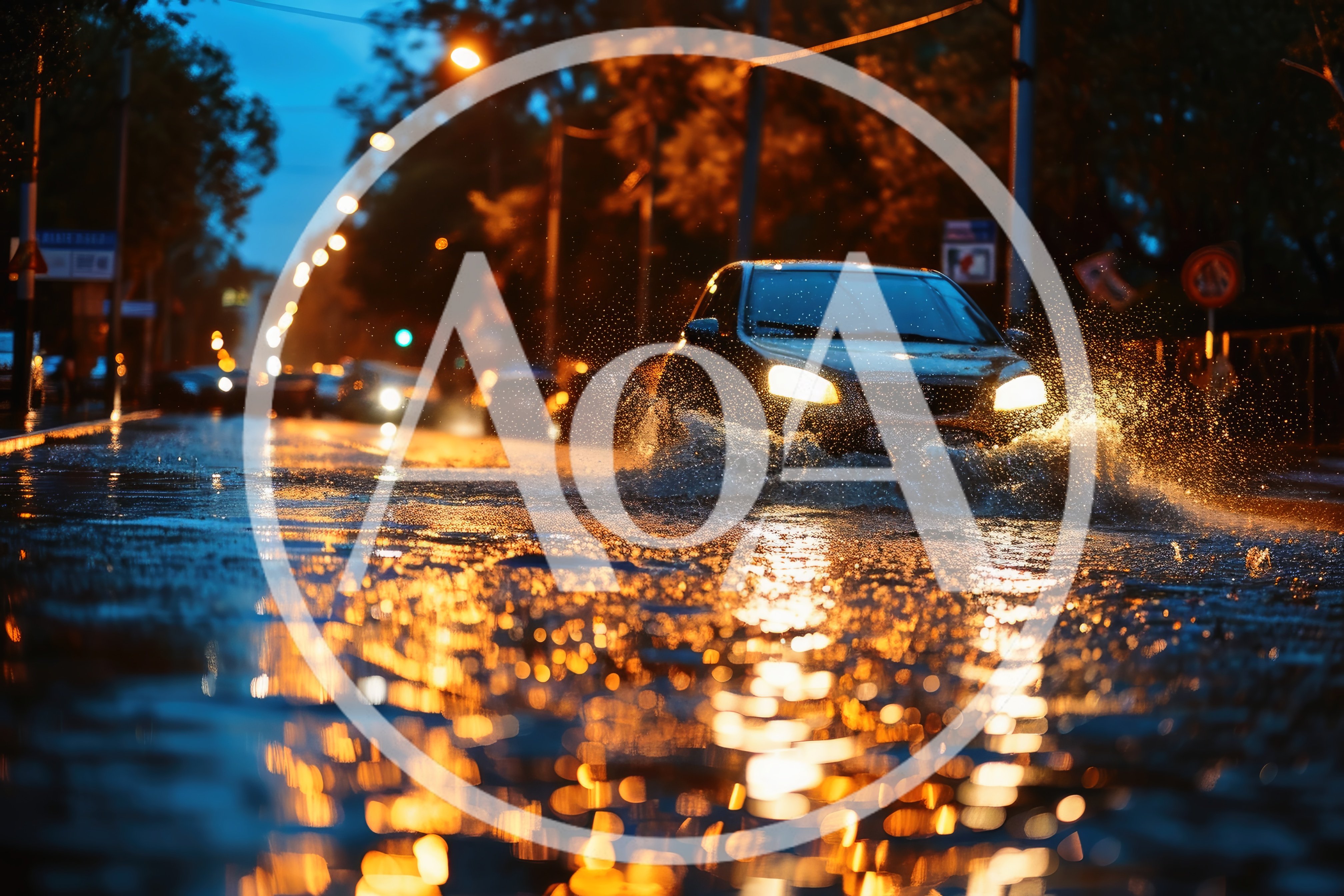 Car Driving Through Deep Puddle At Night