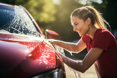 Young Woman Washing A Red Car Outdoors