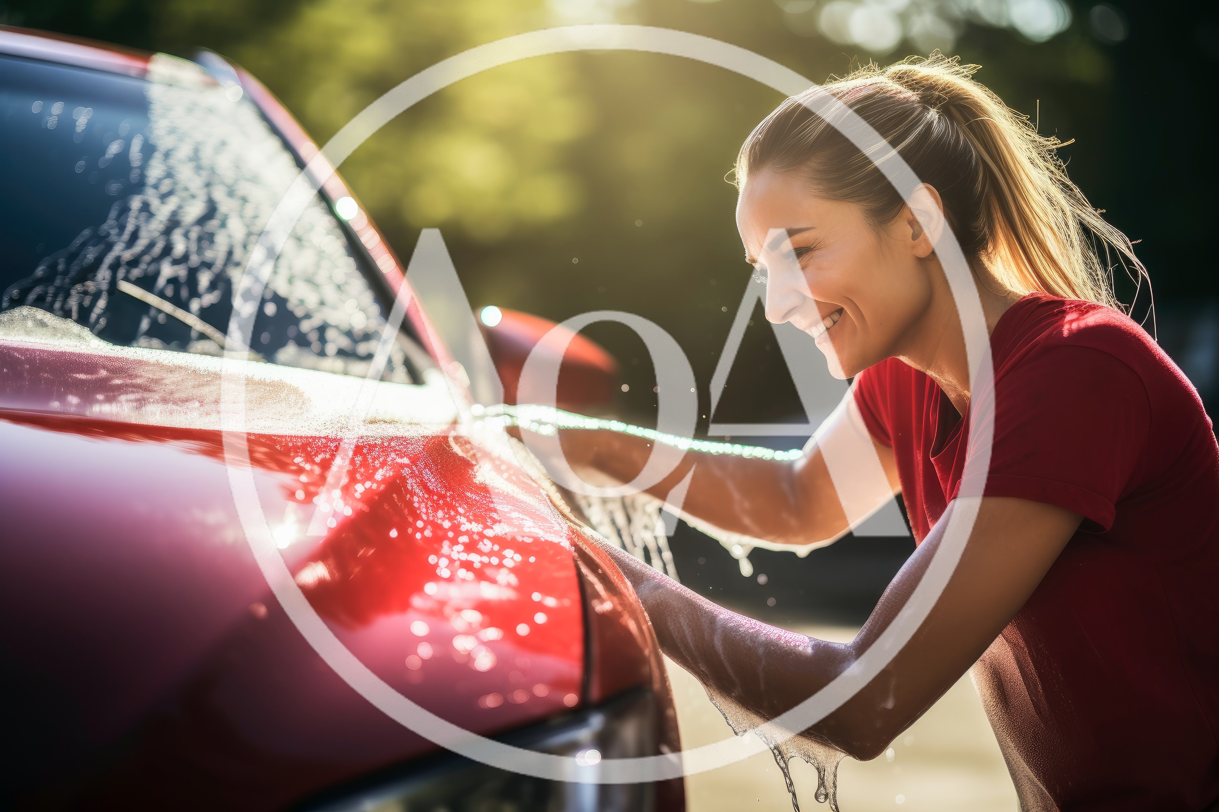 Young Woman Washing A Red Car Outdoors