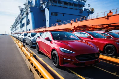 New Electric Cars Parked On Cargo Ship Deck