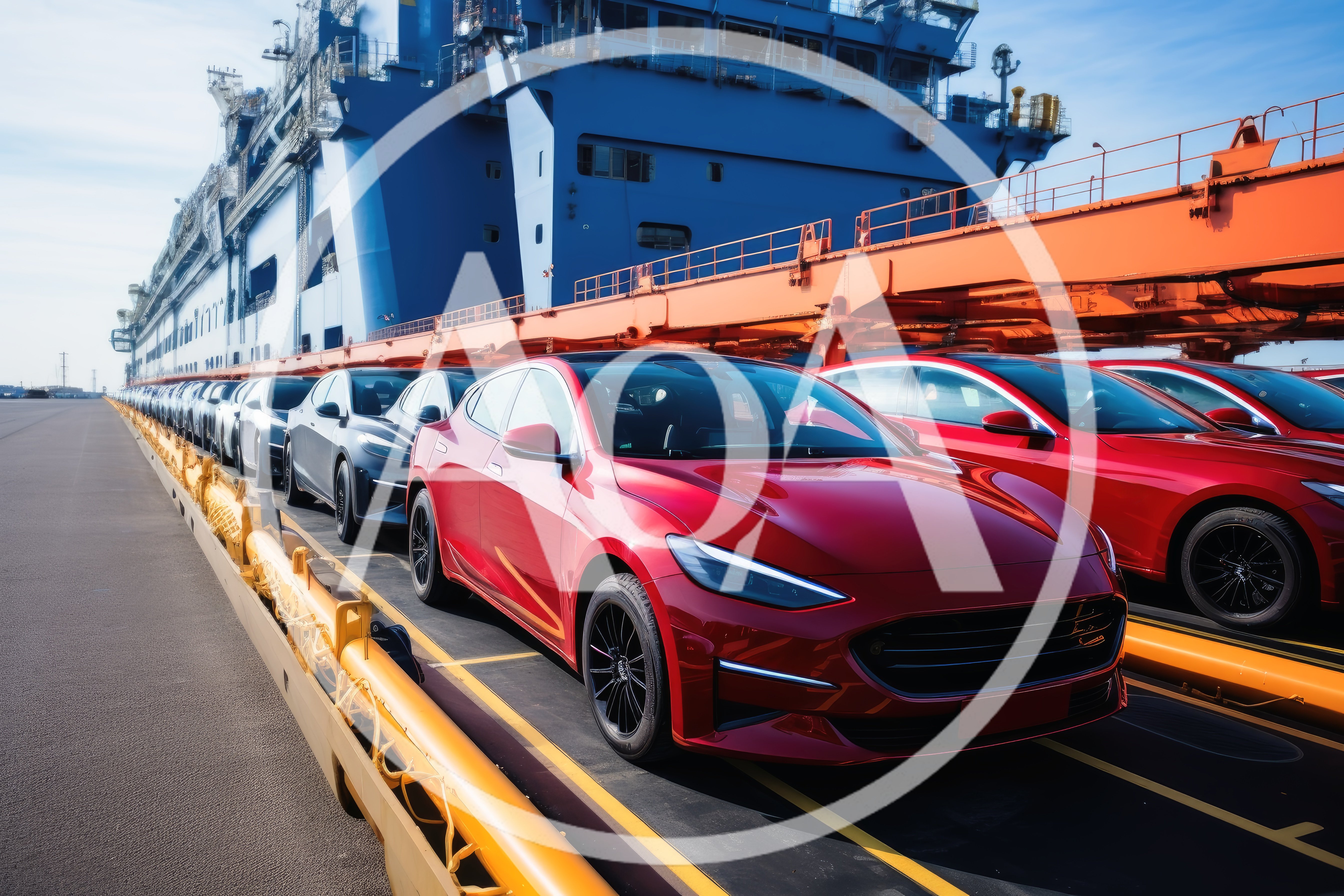 New Electric Cars Parked On Cargo Ship Deck