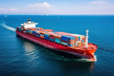 Large Container Ship Sailing Across Open Ocean