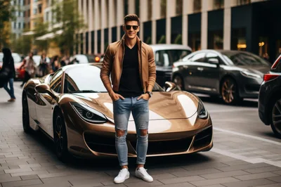 Stylish Man Standing Before A Luxury Sports Car