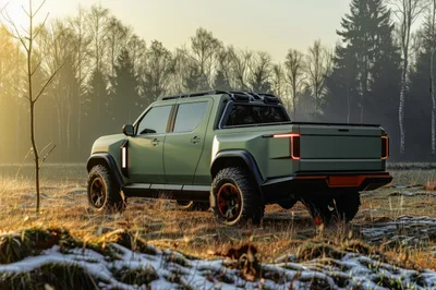 Modern Green Concept Pickup Truck In Misty Forest