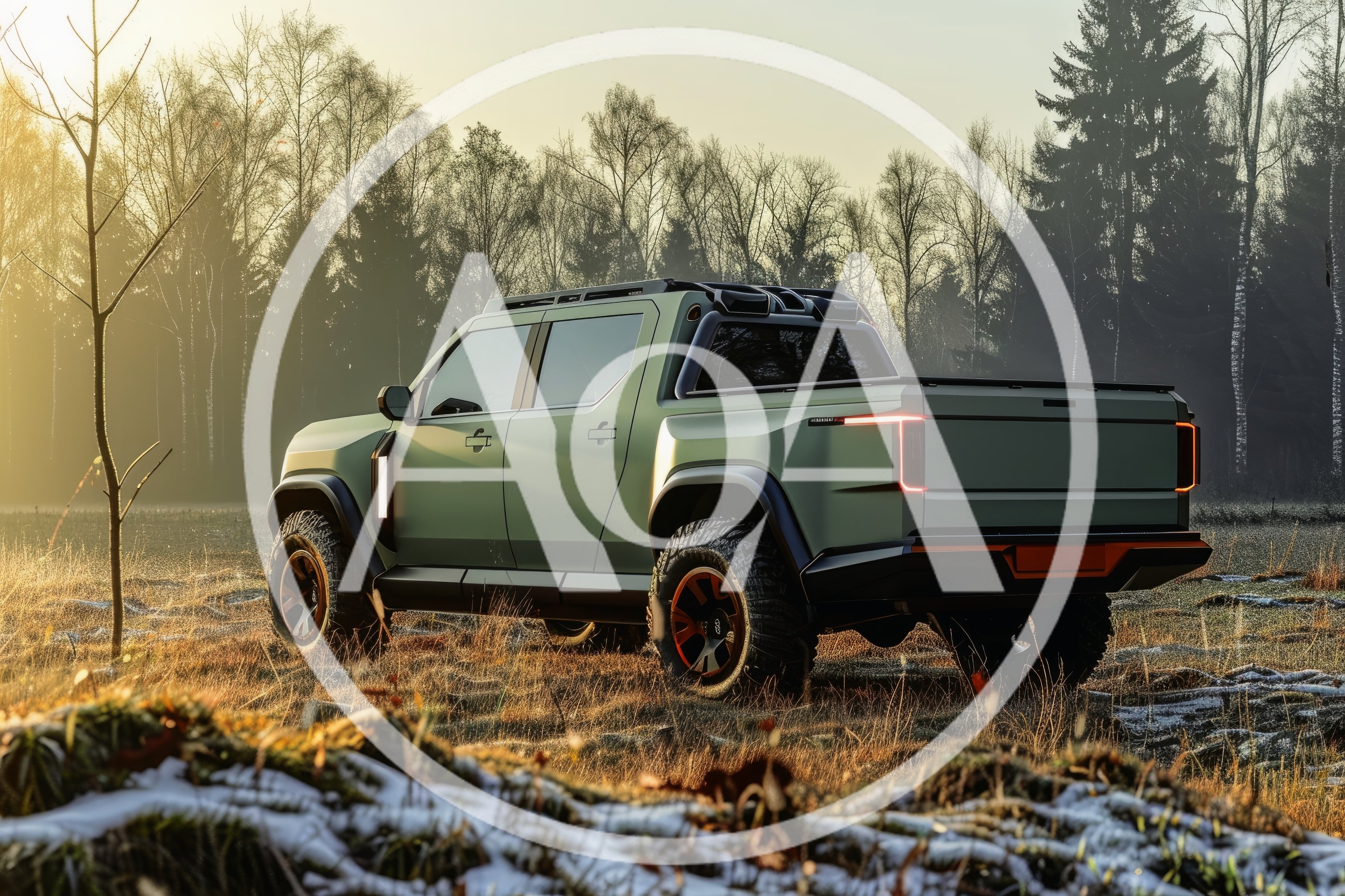 Modern Green Concept Pickup Truck In Misty Forest