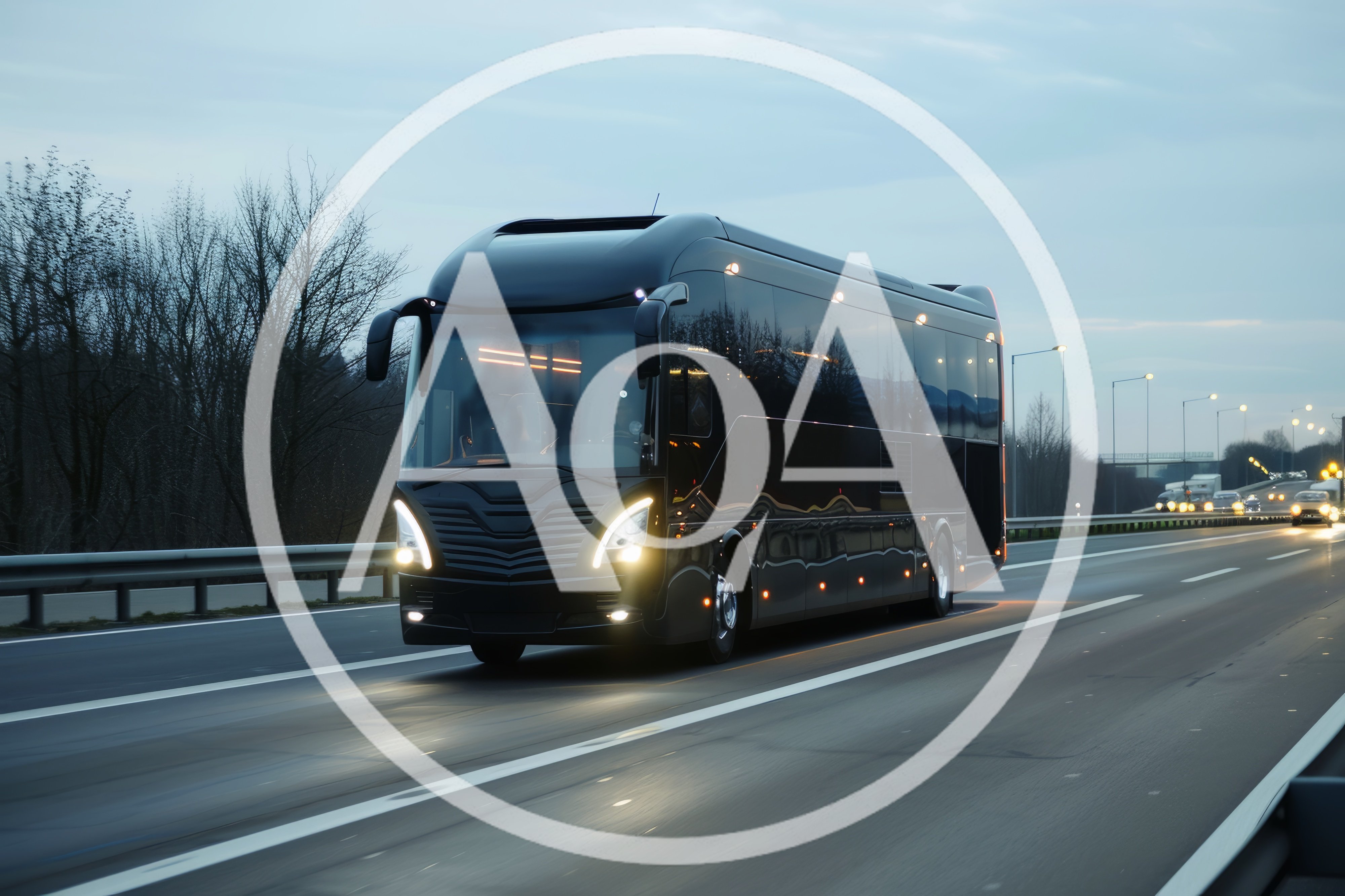 Modern Black Luxury Coach Bus Driving On Highway