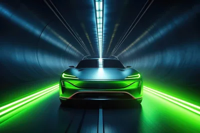 Futuristic Electric Concept Car Driving Through Neon Tunnel