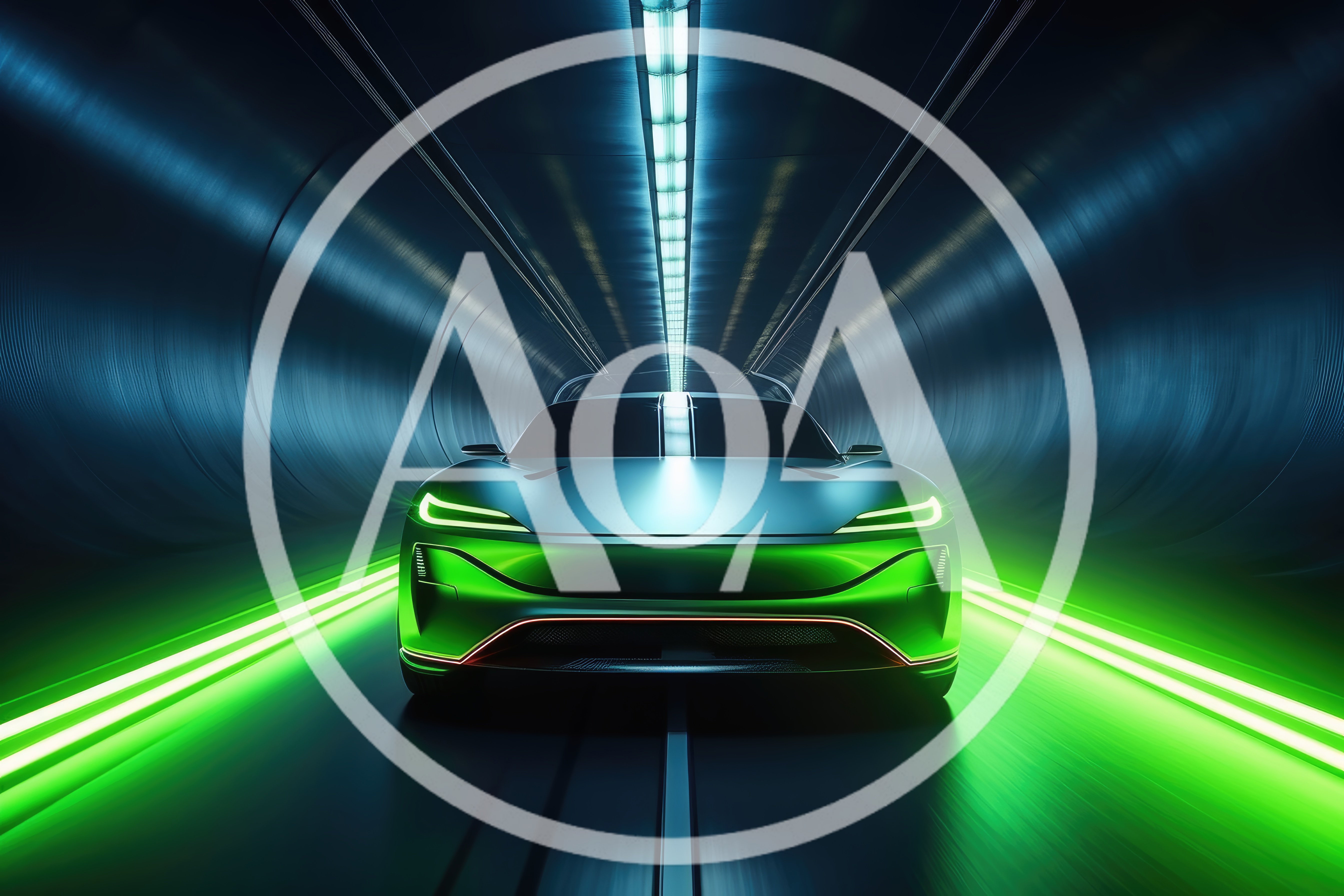 Futuristic Electric Concept Car Driving Through Neon Tunnel