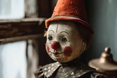 Vintage Creepy Clown Doll Near Window