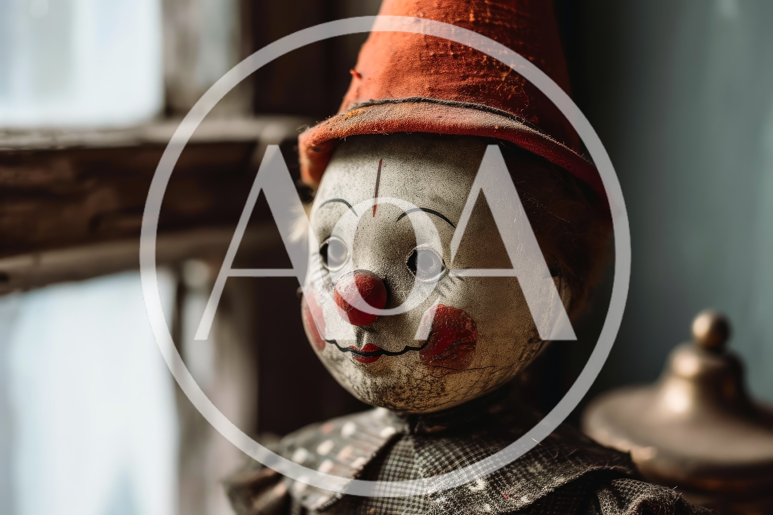Vintage Creepy Clown Doll Near Window